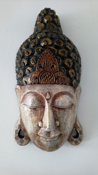 Masque bois blanc de Bouddha H50 cm