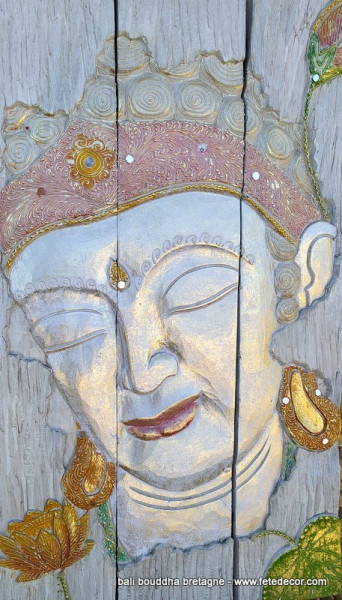Peinture sur bois bouddha blanc argenté