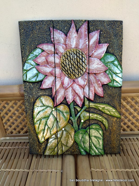 Tableau peinture sur bois fleur rose doré