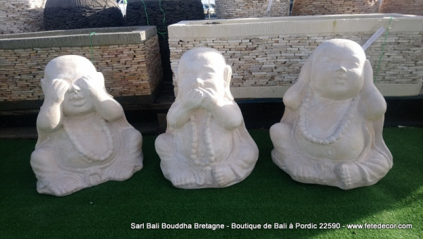 Statue trio moine sagesse blanc antique